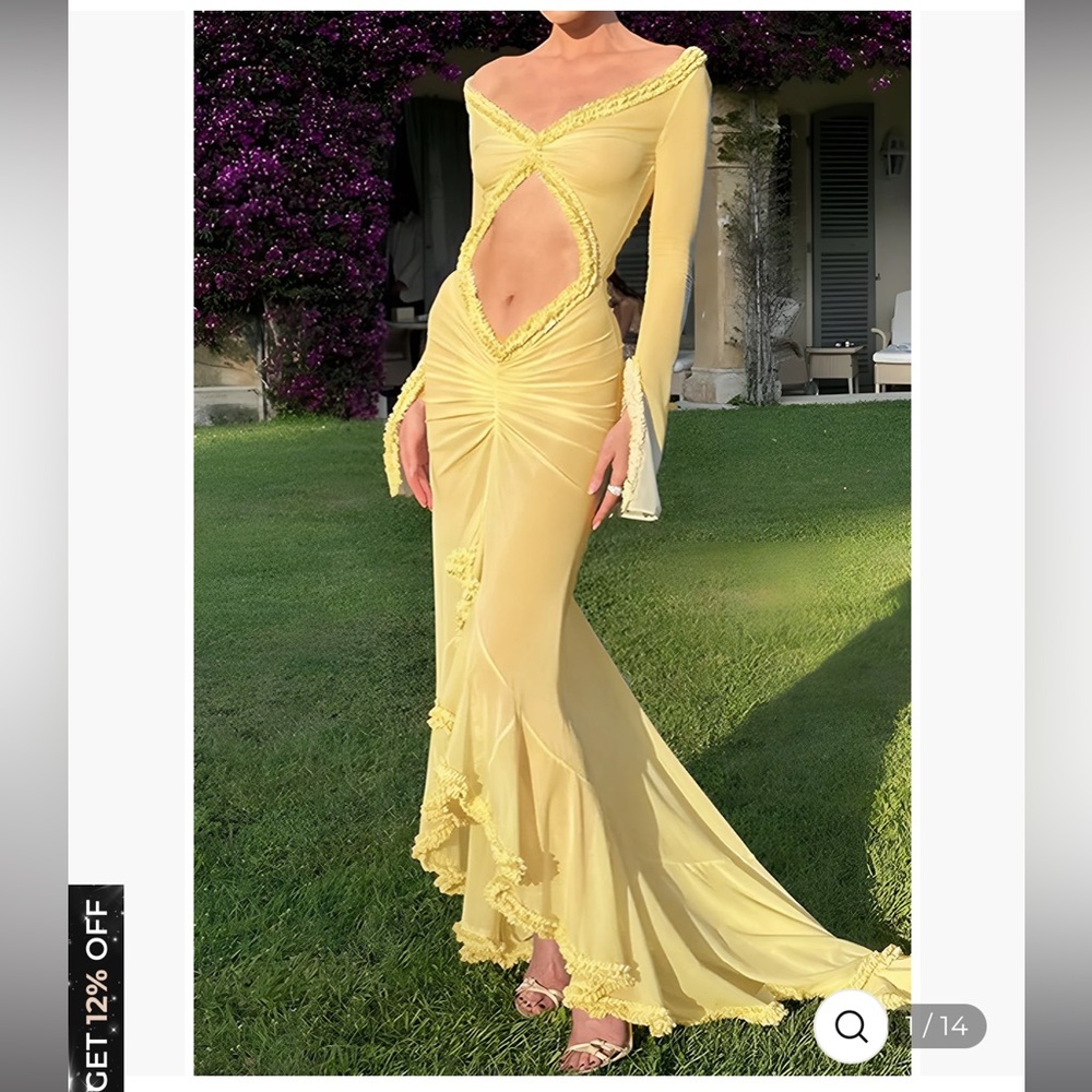 COPY - NWT Yellow Ruffle Trim Ruched Cut Out Maxi Dress